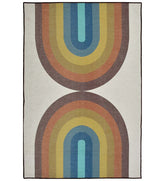 Retro rainbow geometric arch rug with vibrant colors.